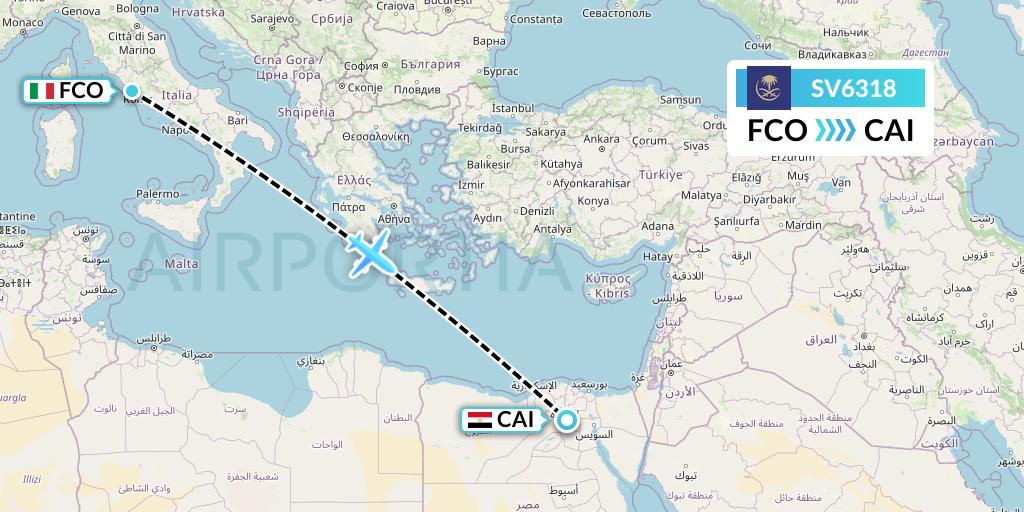 SV6318 Saudi Arabian Airlines Flight Map: Rome to Cairo