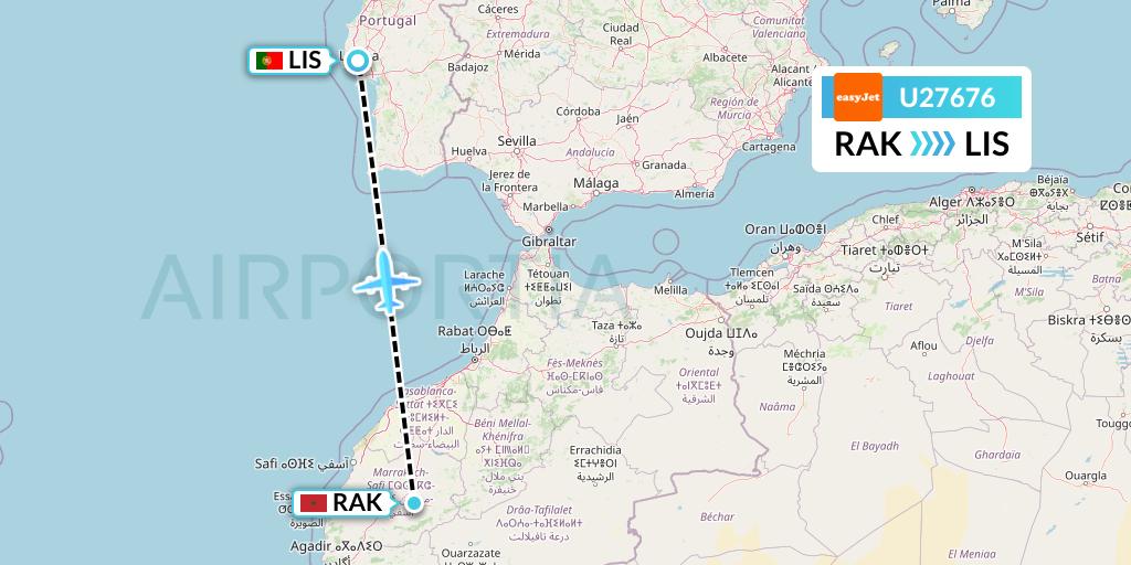 U27676 EasyJet Flight Map: Marrakesh to Lisbon
