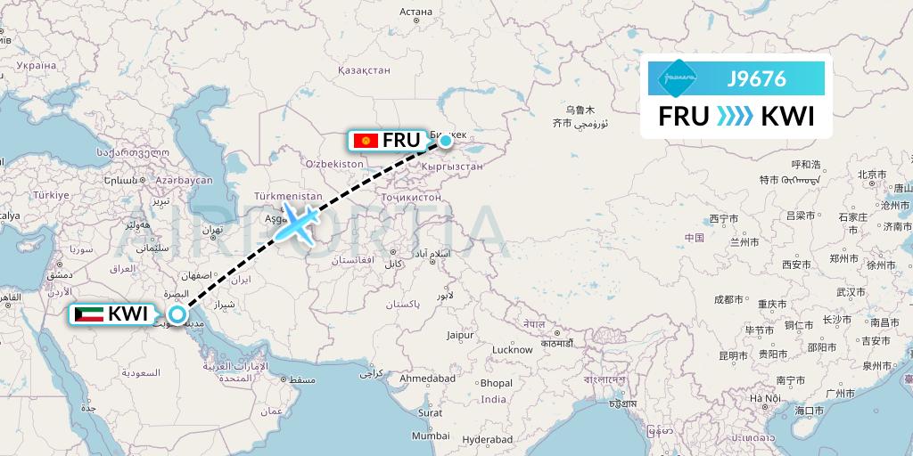 J9676 Jazeera Airways Flight Map: Bishkek to Kuwait City