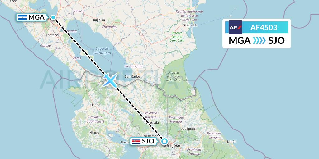 AF4503 Air France Flight Map: Managua to San Jose