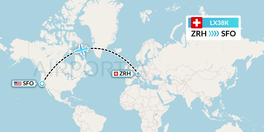 LX38K Swiss Flight Map: Zurich to San Francisco