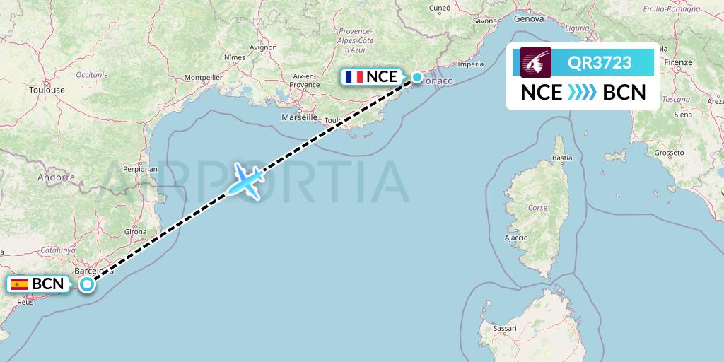 QR3723 Qatar Airways Flight Map: Nice to Barcelona