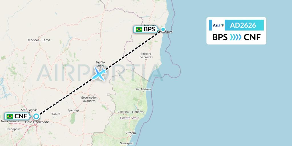 AD2626 Azul Brazilian Airlines Flight Map: Porto Seguro to Belo Horizonte