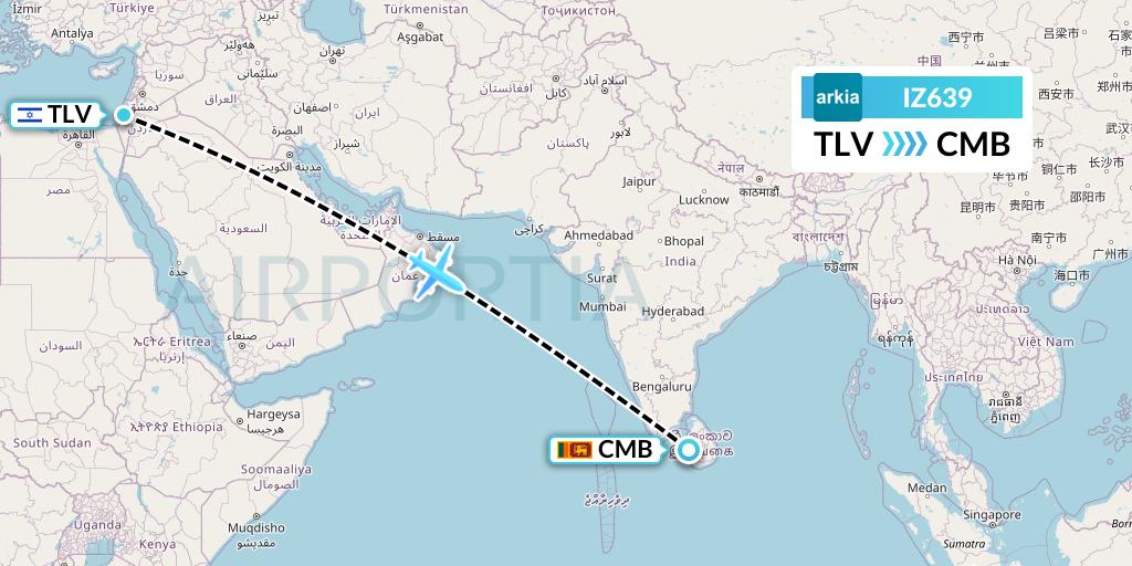 IZ639 Arkia Israeli Airlines Flight Map: Tel Aviv to Colombo