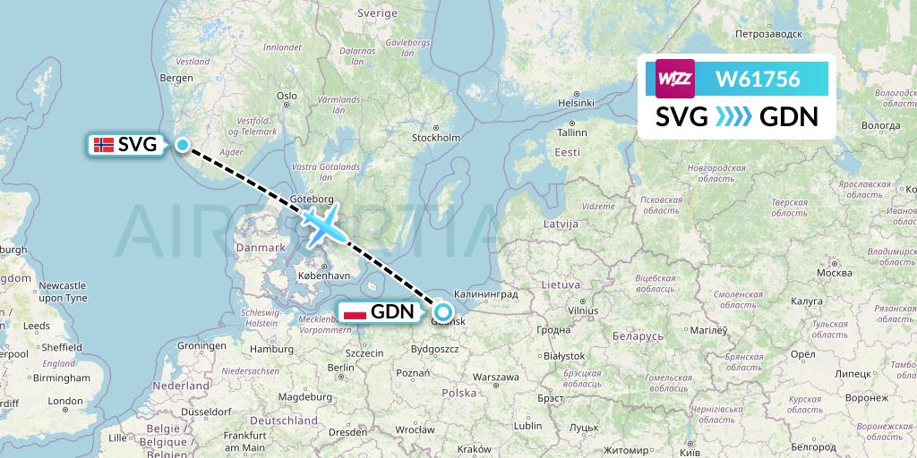 W61756 Wizz Air Flight Map: Stavanger to Gdansk