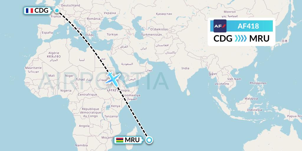 AF418 Air France Flight Map: Paris to Port Louis