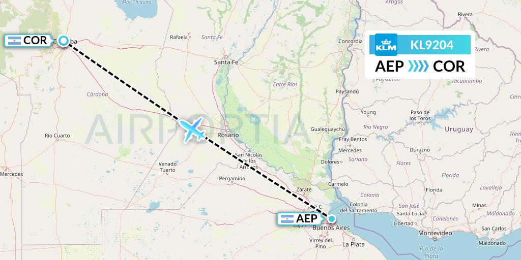 KL9204 KLM Flight Map: Buenos Aires to Cordoba