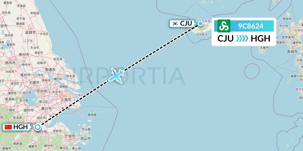 9C8624 Spring Airlines Flight Map: Jeju to Hangzhou