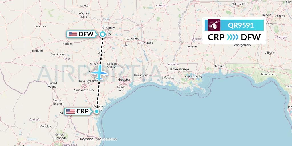 QR9591 Qatar Airways Flight Map: Corpus Christi to Dallas