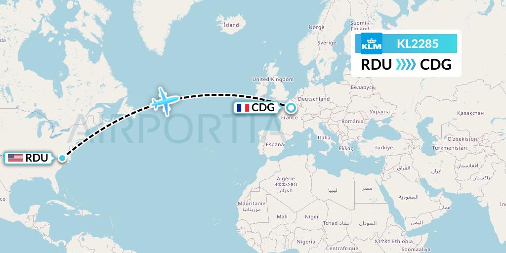 KL2285 KLM Flight Map: Raleigh-Durham to Paris