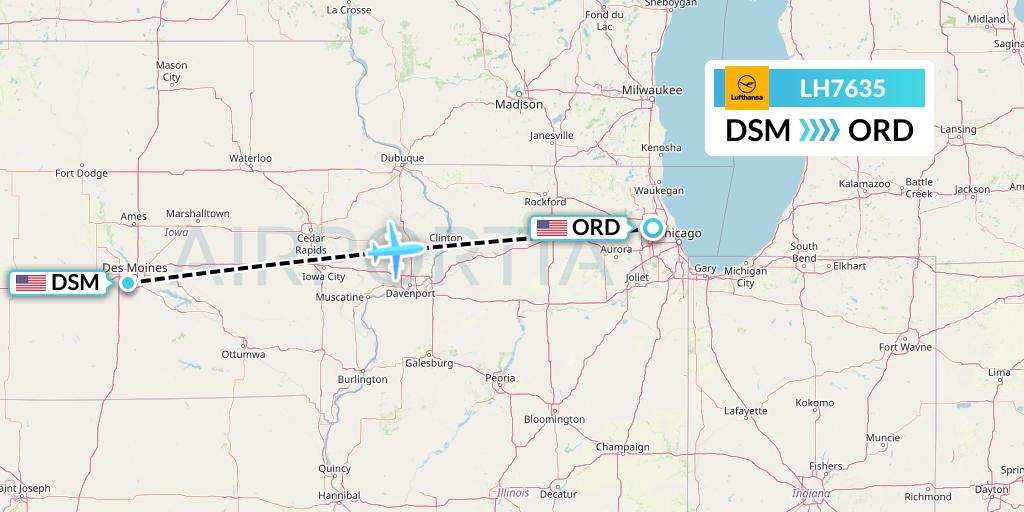 LH7635 Lufthansa Flight Map: Des Moines to Chicago
