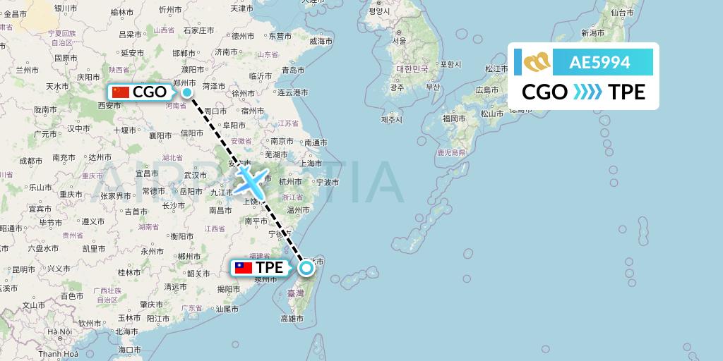 AE5994 Mandarin Airlines Flight Map: Zhengzhou to Taipei