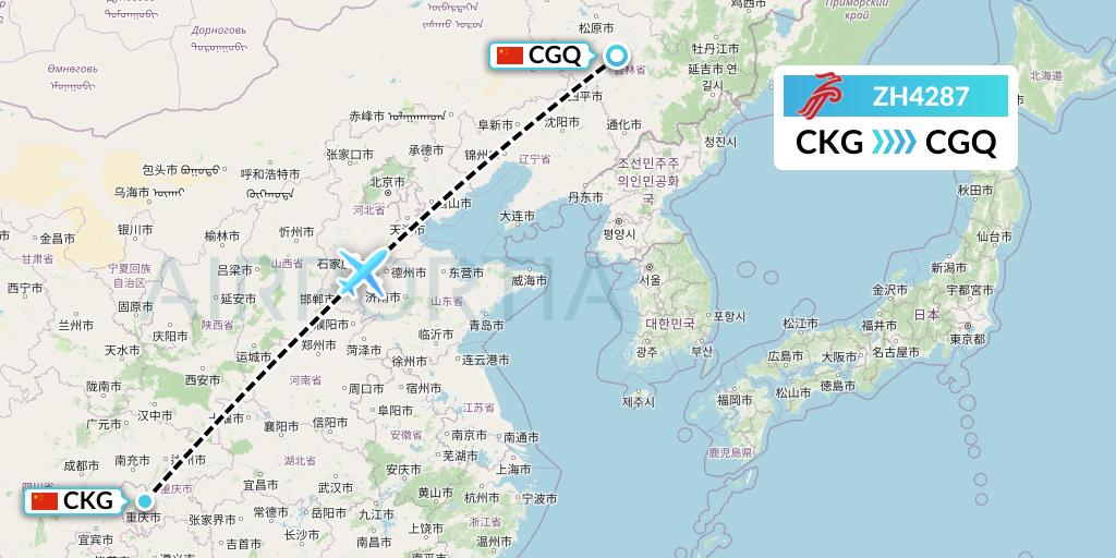 ZH4287 Shenzhen Airlines Flight Map: Chongqing to Changchun