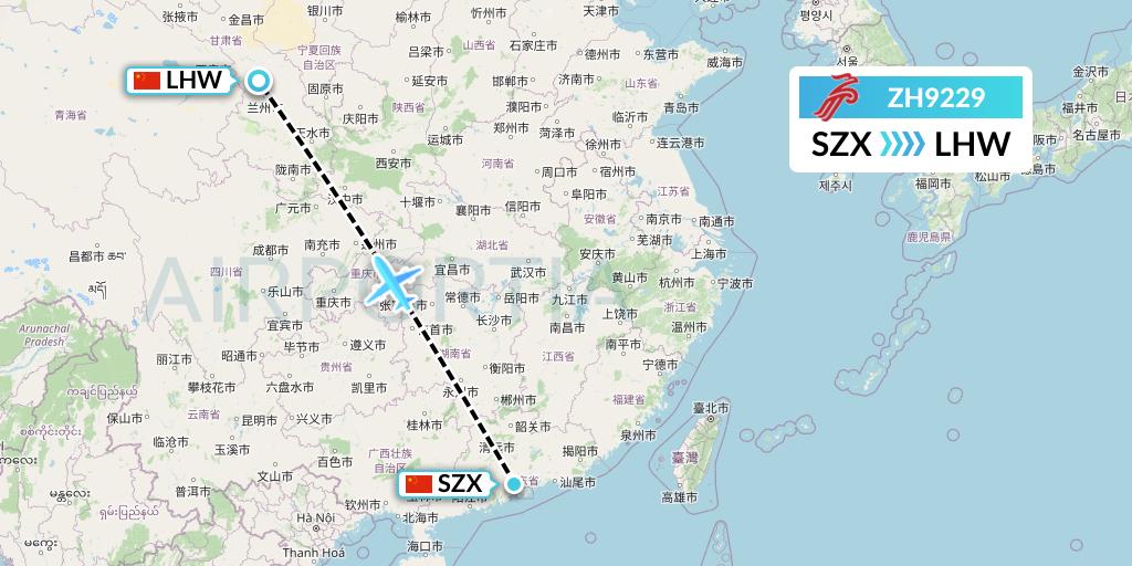 ZH9229 Shenzhen Airlines Flight Map: Shenzhen to Lanzhou