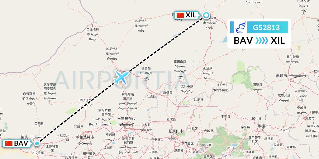 G52813 China Express Airlines Flight Map: Baotou to Xilinhot
