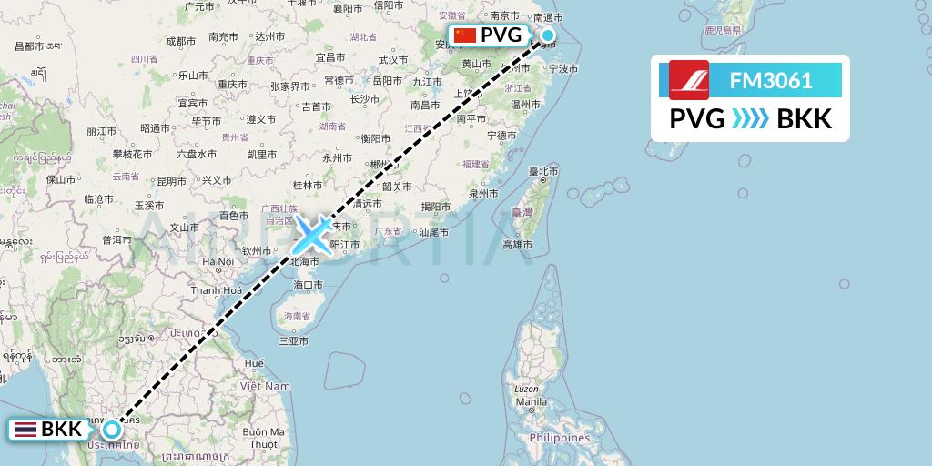 FM3061 Shanghai Airlines Flight Map: Shanghai to Bangkok