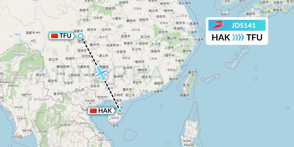 JD5141 Capital Airlines Flight Map: Haikou to Chengdu