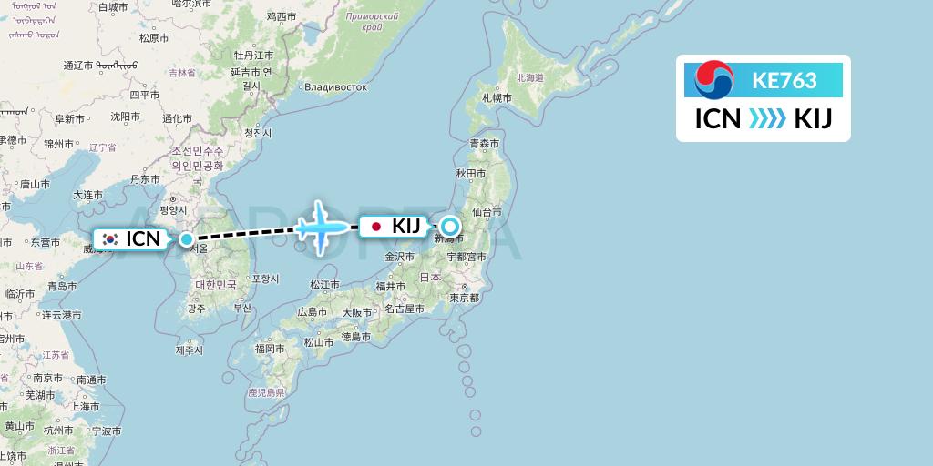 KE763 Korean Air Flight Map: Seoul to Niigata