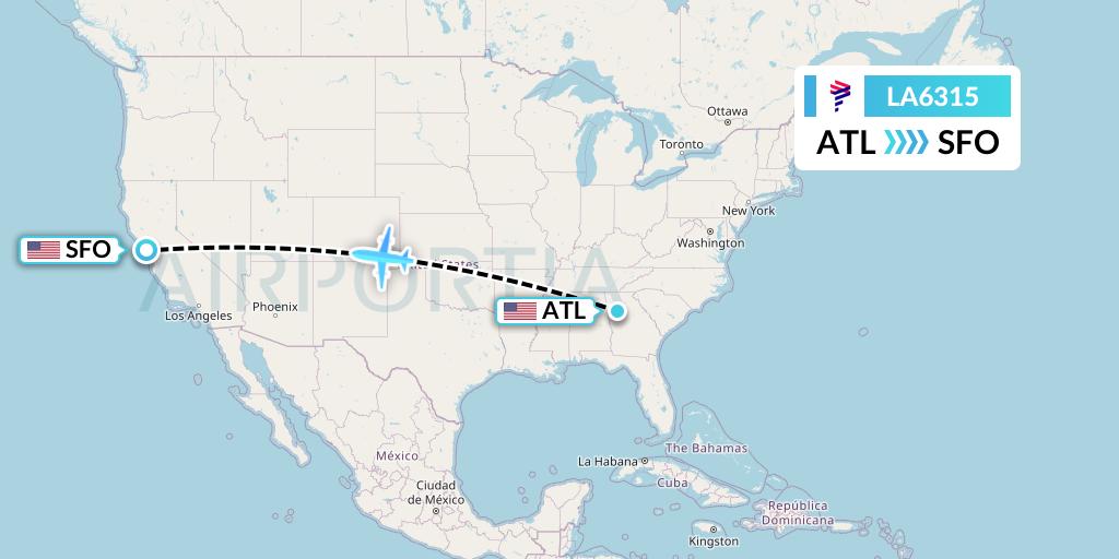 LA6315 LAN Airlines Flight Map: Atlanta to San Francisco