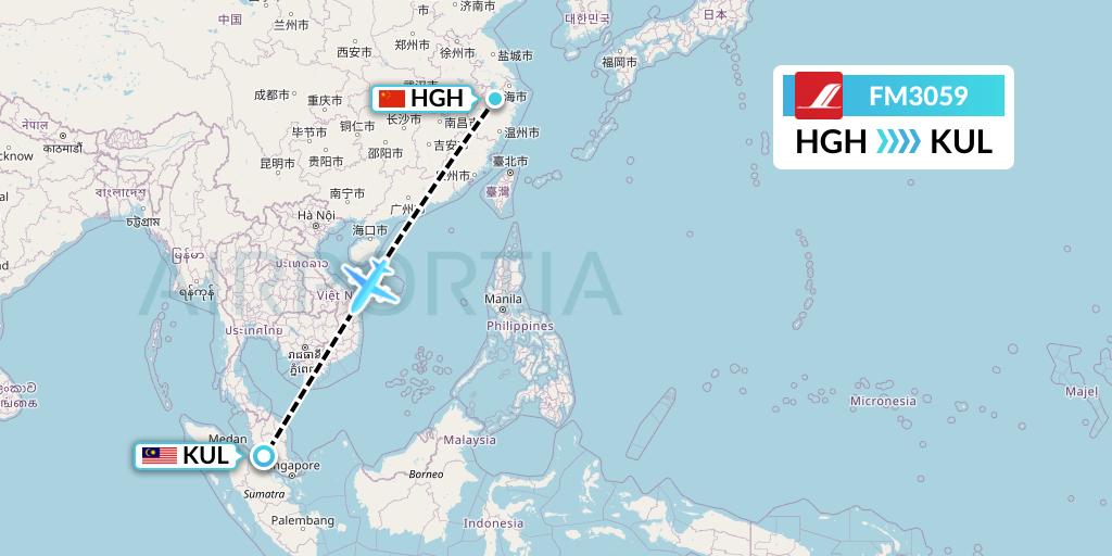 FM3059 Shanghai Airlines Flight Map: Hangzhou to Kuala Lumpur