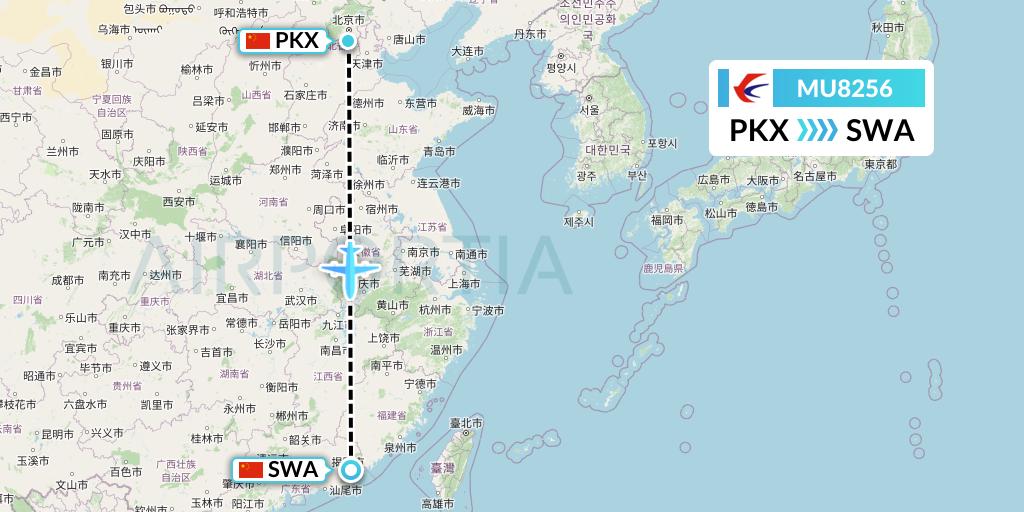 MU8256 China Eastern Airlines Flight Map: Beijing to Jieyang