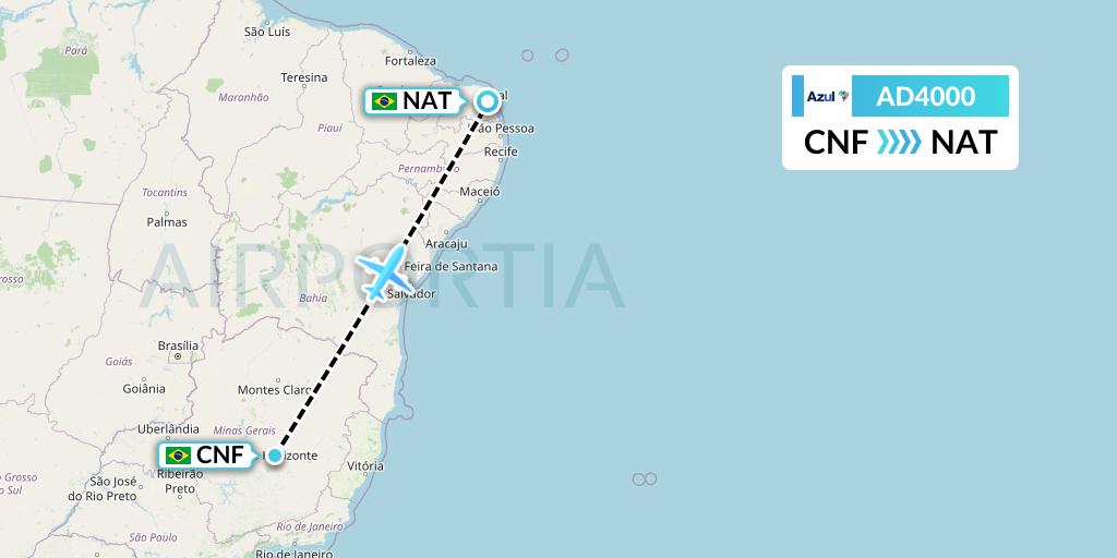 AD4000 Azul Brazilian Airlines Flight Map: Belo Horizonte to Natal