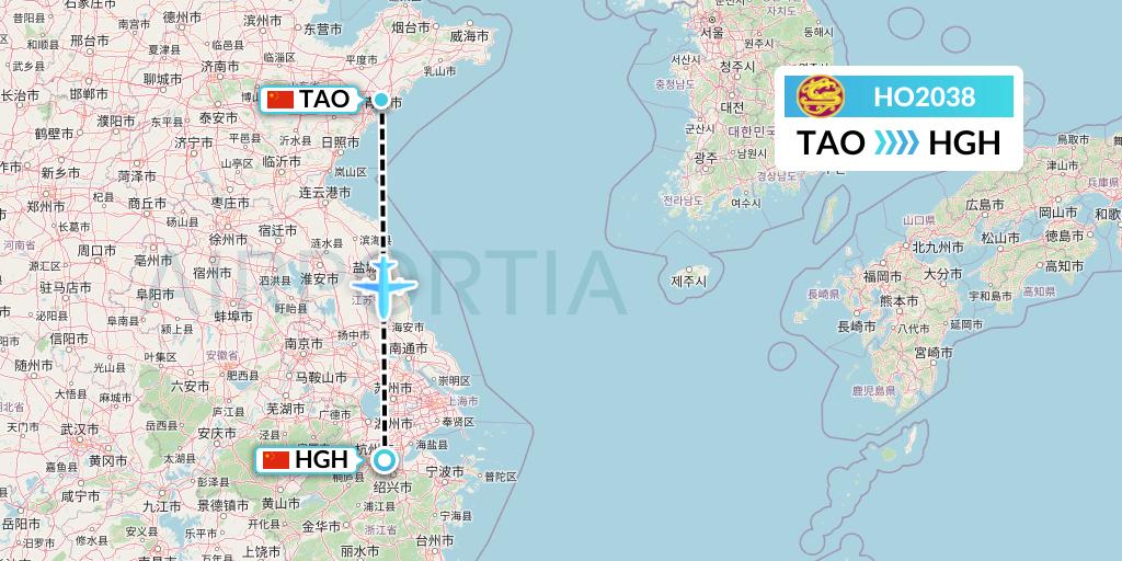 HO2038 Juneyao Airlines Flight Map: Qingdao to Hangzhou