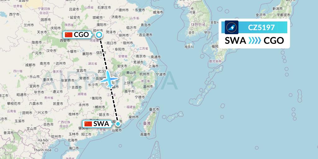CZ5197 China Southern Airlines Flight Map: Jieyang to Zhengzhou