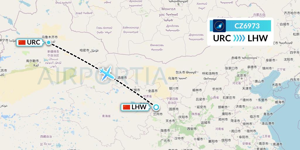CZ6973 China Southern Airlines Flight Map: Urumqi to Lanzhou