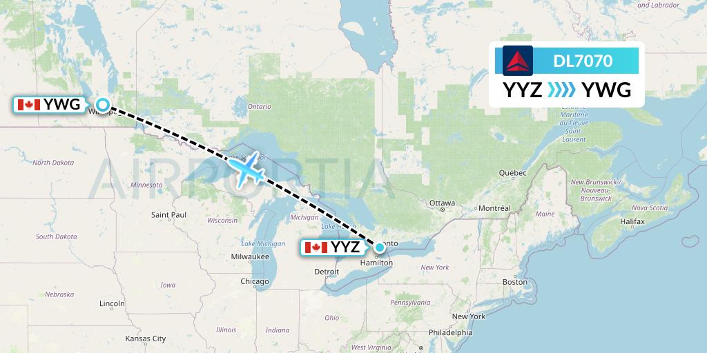 DL7070 Delta Air Lines Flight Map: Toronto to Winnipeg