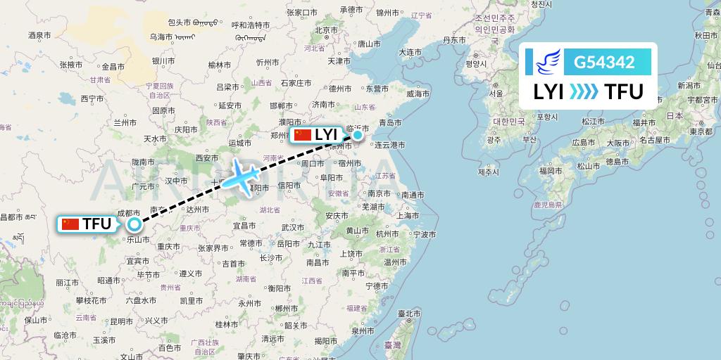 G54342 China Express Airlines Flight Map: Linyi to Chengdu