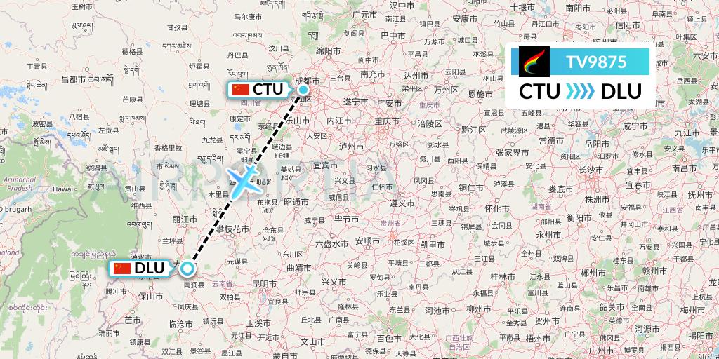 TV9875 Tibet Airlines Flight Map: Chengdu to Dali