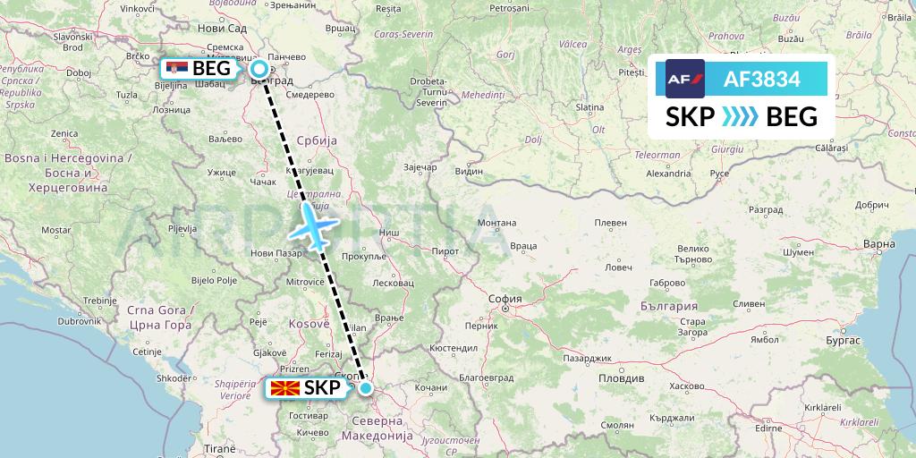 AF3834 Air France Flight Map: Skopje to Belgrade
