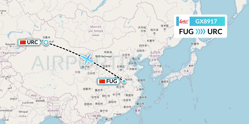 GX8917 GX Airlines Flight Map: Fuyang to Urumqi