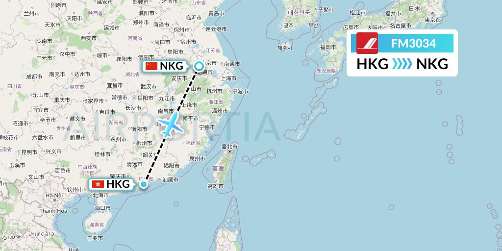FM3034 Shanghai Airlines Flight Map: Hong Kong to Nanjing