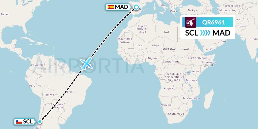QR6961 Qatar Airways Flight Map: Santiago to Madrid