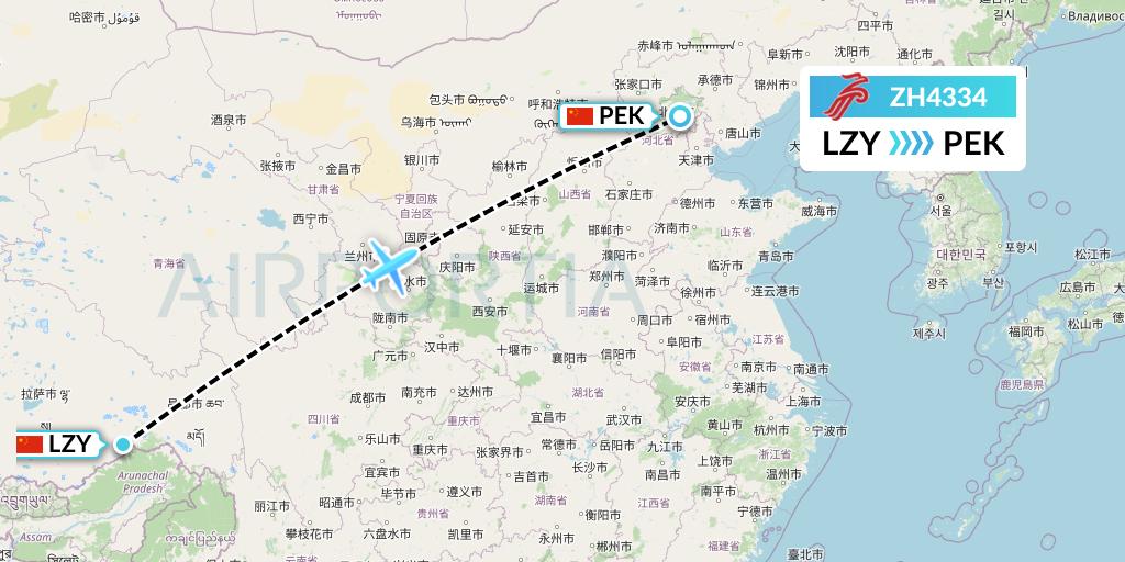 ZH4334 Shenzhen Airlines Flight Map: Nyingchi to Beijing