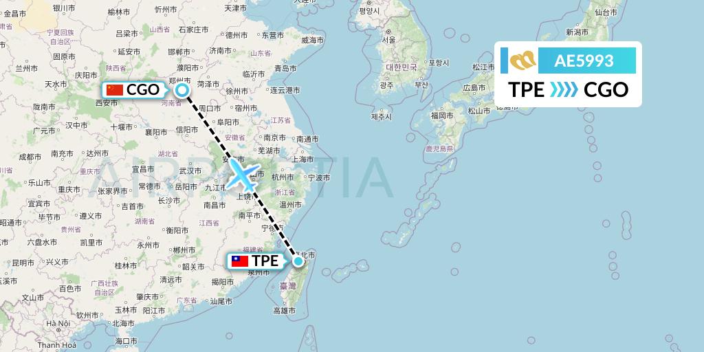 AE5993 Mandarin Airlines Flight Map: Taipei to Zhengzhou