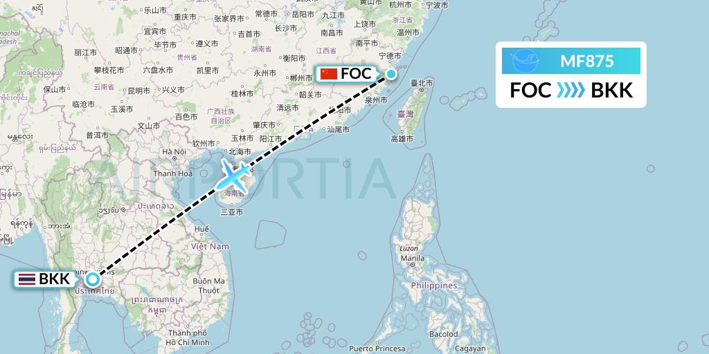 MF875 Xiamen Airlines Flight Map: Fuzhou to Bangkok