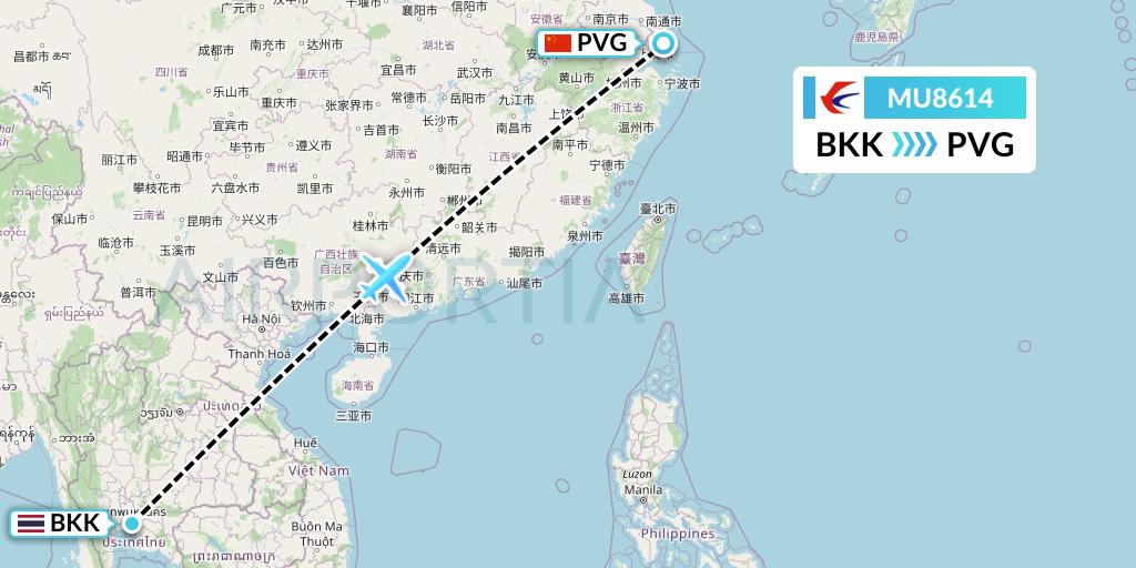 MU8614 China Eastern Airlines Flight Map: Bangkok to Shanghai
