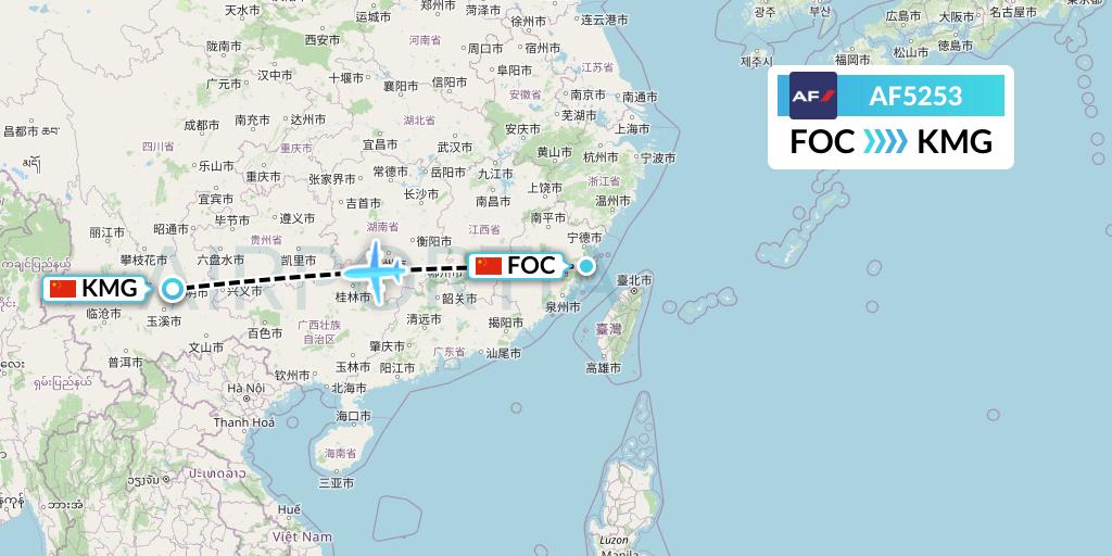 AF5253 Air France Flight Map: Fuzhou to Kunming