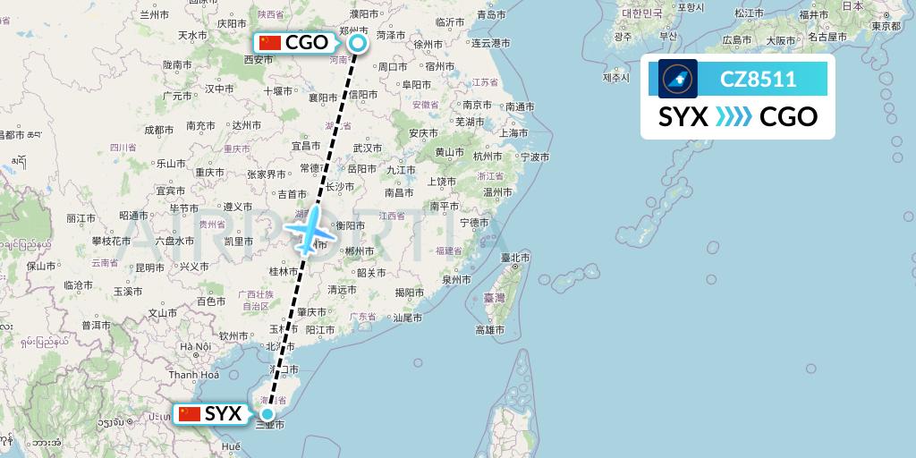 CZ8511 China Southern Airlines Flight Map: Sanya to Zhengzhou
