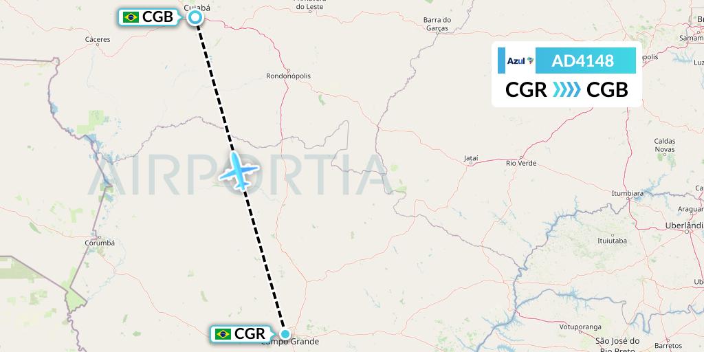 AD4148 Azul Brazilian Airlines Flight Map: Campo Grande to Cuiaba