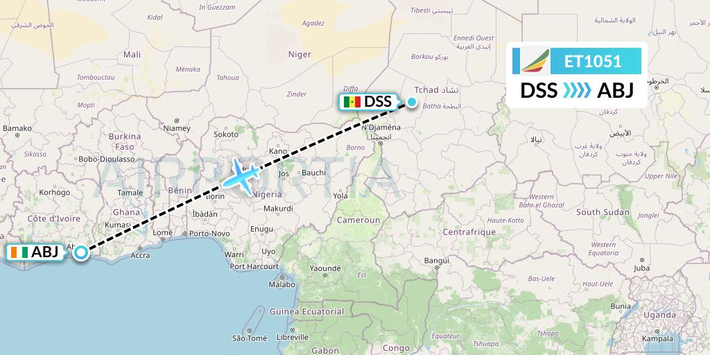 ET1051 Ethiopian Airlines Flight Map: Dakar to Abidjan
