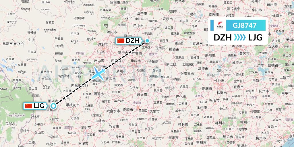 GJ8747 Loong Airlines Flight Map: Dazhou to Lijiang