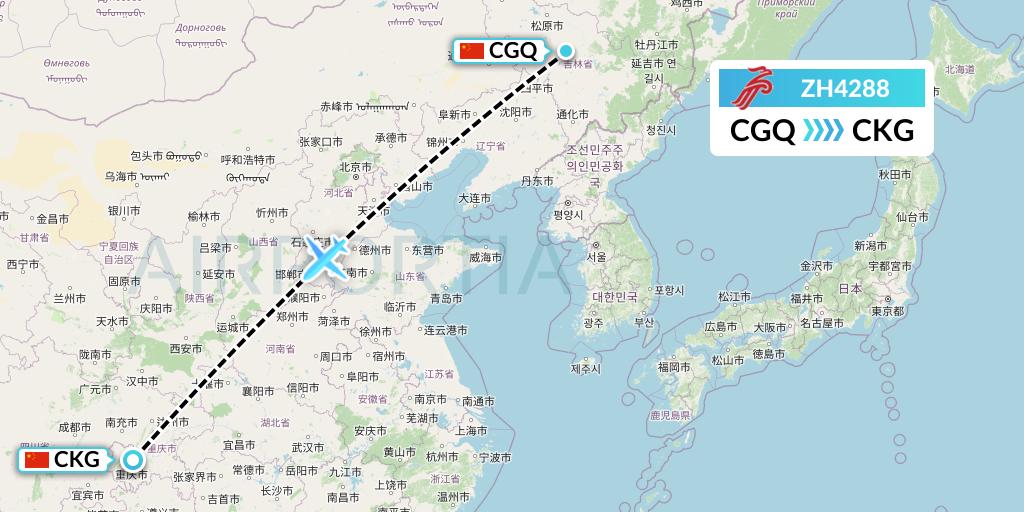 ZH4288 Shenzhen Airlines Flight Map: Changchun to Chongqing