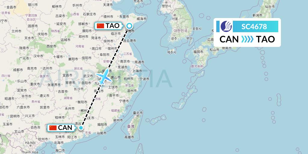 SC4678 Shandong Airlines Flight Map: Guangzhou to Qingdao