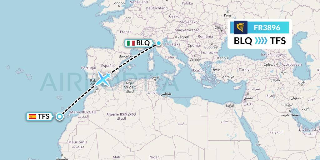 FR3896 Ryanair Flight Map: Bologna to Tenerife
