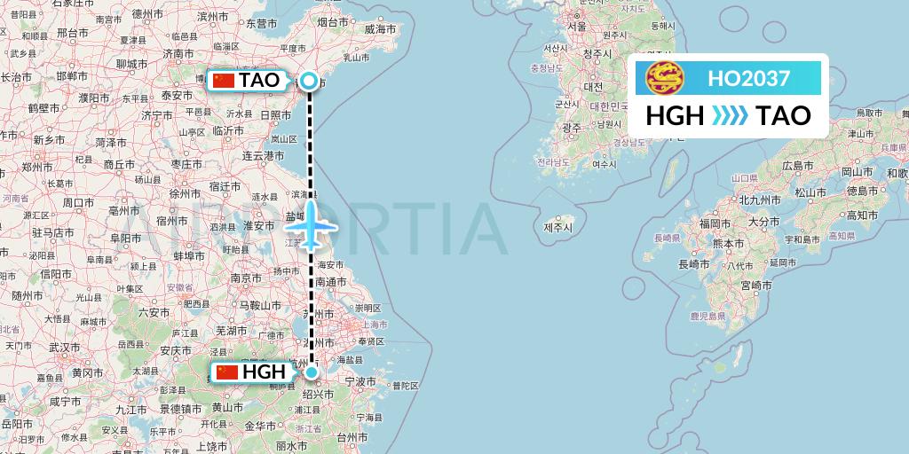 HO2037 Juneyao Airlines Flight Map: Hangzhou to Qingdao