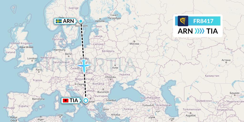 FR8417 Ryanair Flight Map: Stockholm to Tirana